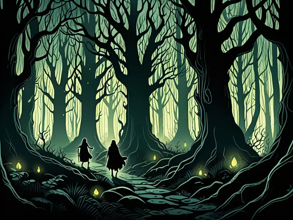 Un bosque oscuro y místico con luces brillantes y figuras sombrías entre los árboles