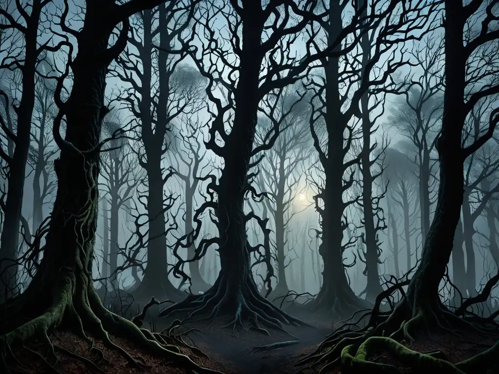 Bosque misterioso al atardecer: mitos y leyendas Un bosque oscuro y neblinoso al atardecer, con árboles retorcidos y maleza enredada, evocando criaturas acechantes y leyendas míticas