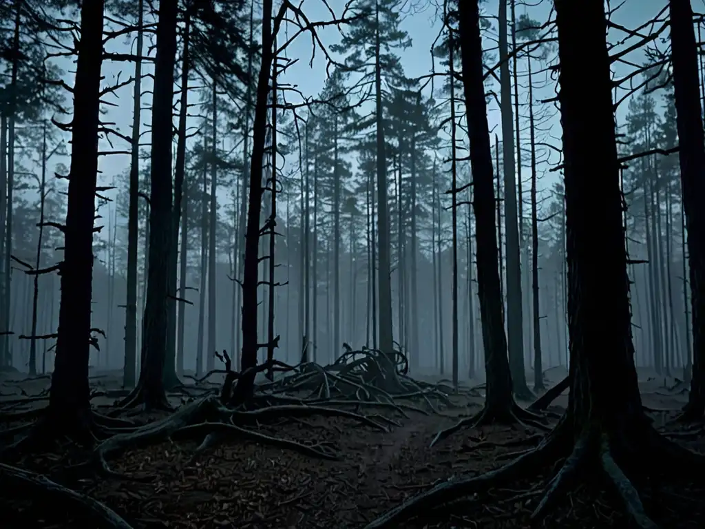 Un bosque tenebroso al anochecer, con árboles retorcidos proyectando sombras ominosas