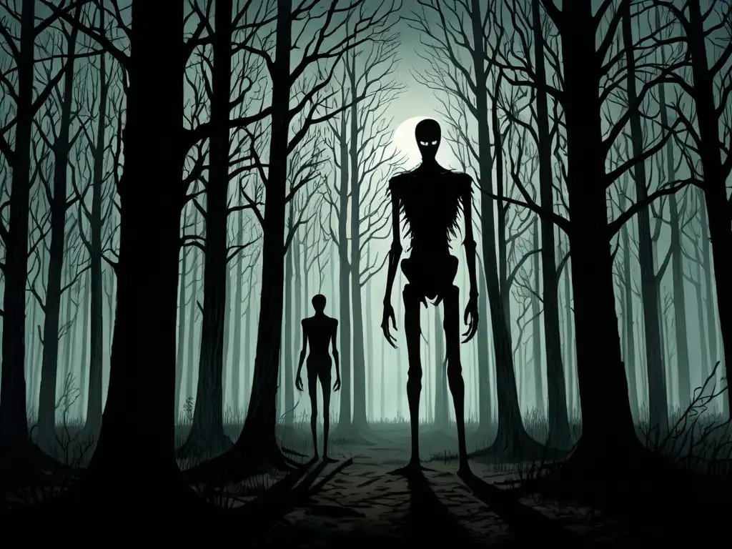 Un bosque tenebroso de noche con árboles altos y sombras inquietantes