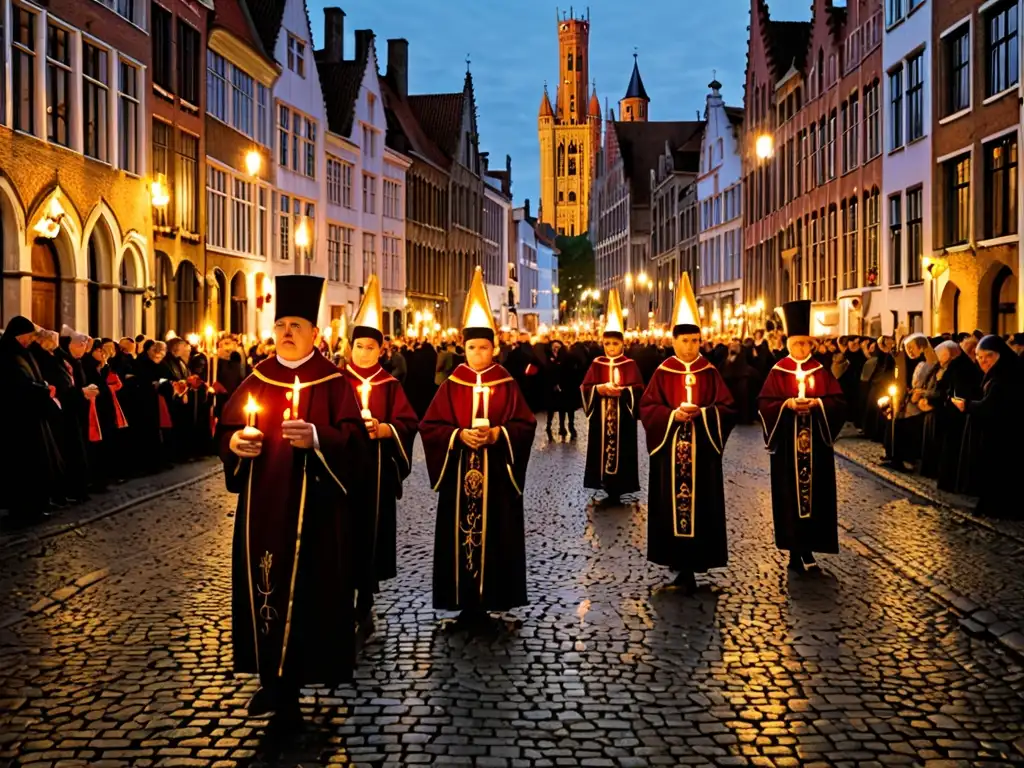 Procesión de la Santa Sangre en Brujas: devotos con velas siguen el relicario dorado entre calles empedradas, con atmósfera de misterio y reverencia