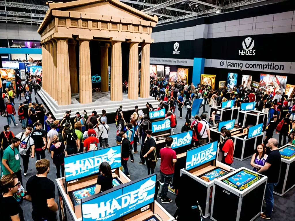 Un bullicioso evento de juegos con una multitud diversa disfrutando de exhibiciones interactivas y concursos de cosplay