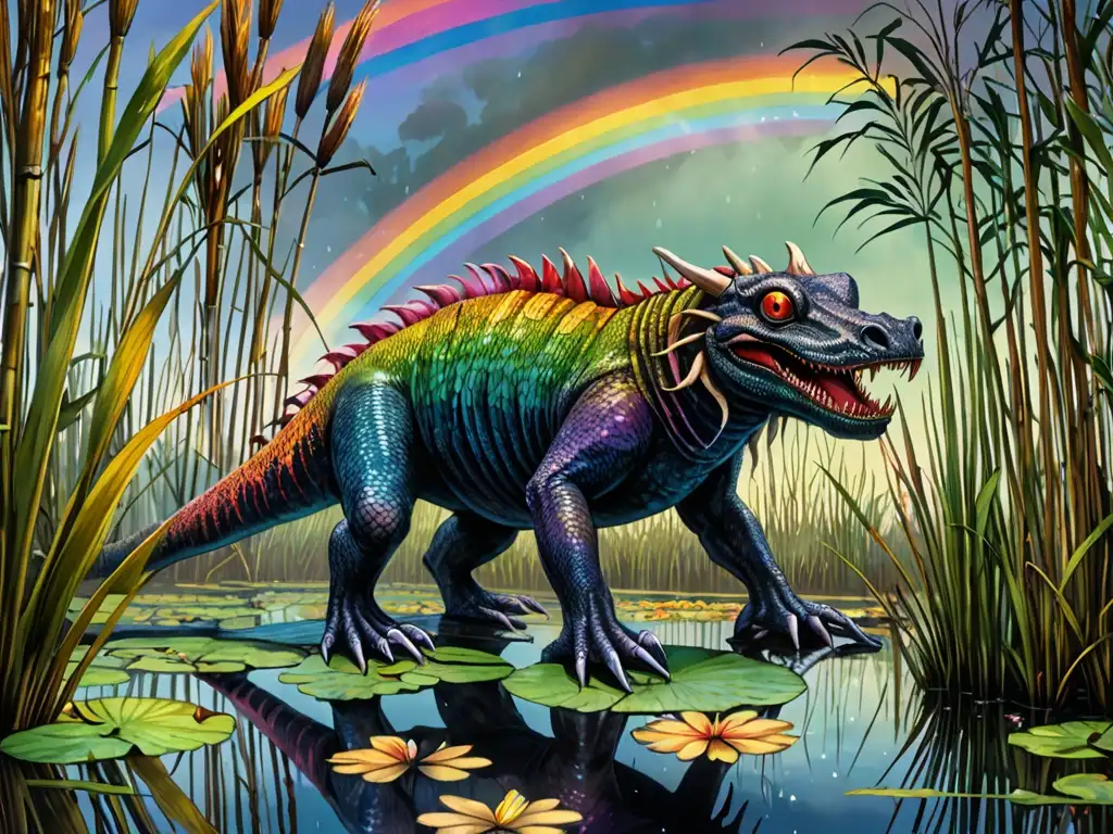 El misterioso encuentro entre el Bunyip y la Serpiente Arcoíris Un Bunyip mítico en un pantano, con ojos brillantes y pelaje oscuro