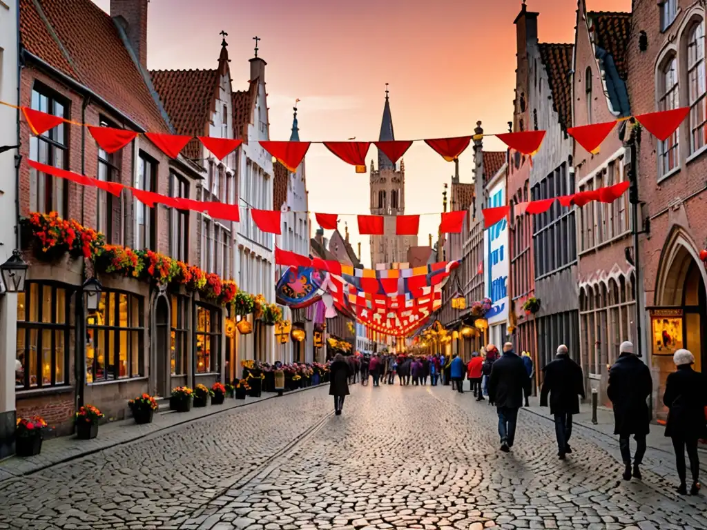 Calles empedradas de Brujas, Bélgica, adornadas para la Procesión Santa Sangre Misterio Brujas, con una atmósfera de devoción y tradición