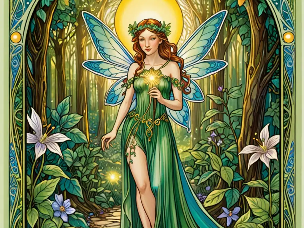 Carta de tarot con hada, bosque encantado, luz del sol y significado místico
