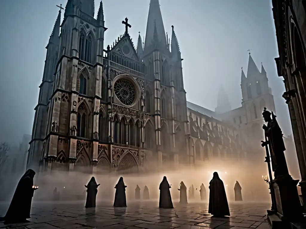 Una catedral medieval envuelta en la niebla, con figuras fantasmales, evocando leyendas de fantasmas en la historia religiosa