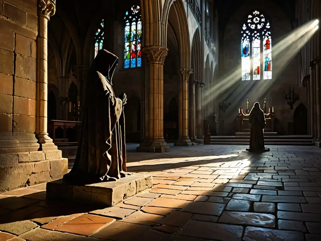 Una catedral medieval iluminada con vidrieras de figuras fantasmales