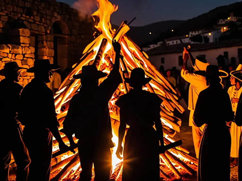 Una celebración mística de Las Hogueras de San Antón, con gente reunida alrededor de una gran hoguera, rostros iluminados por el cálido resplandor