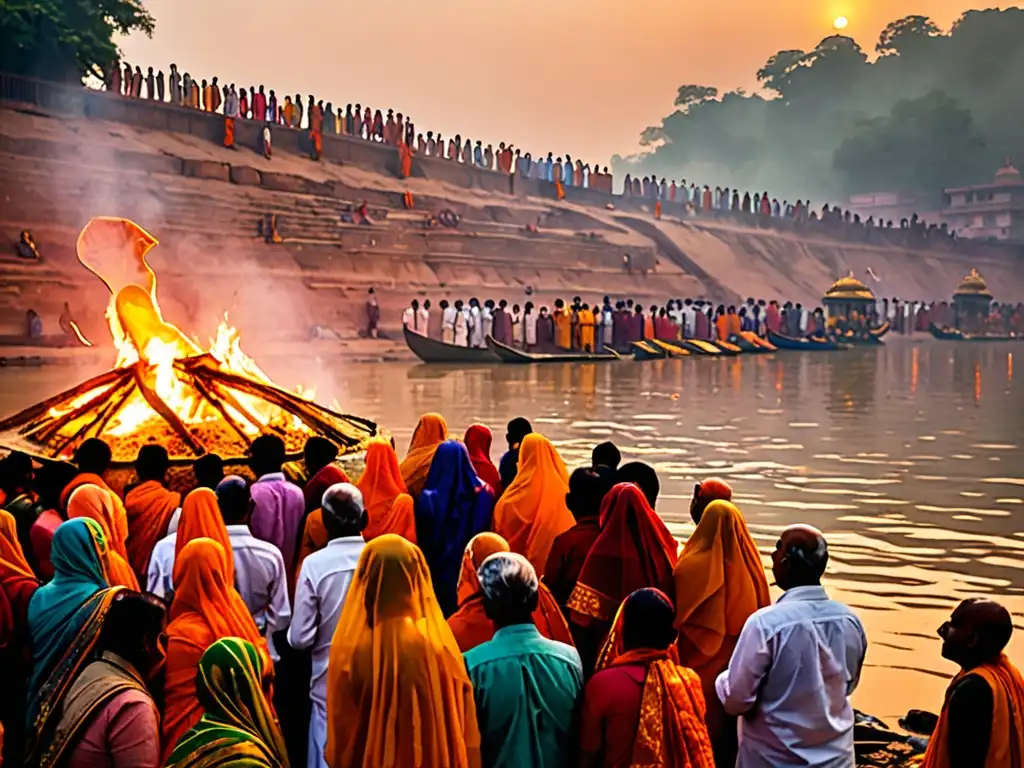 Una ceremonia funeraria hindú tradicional se lleva a cabo en la orilla del río Ganges