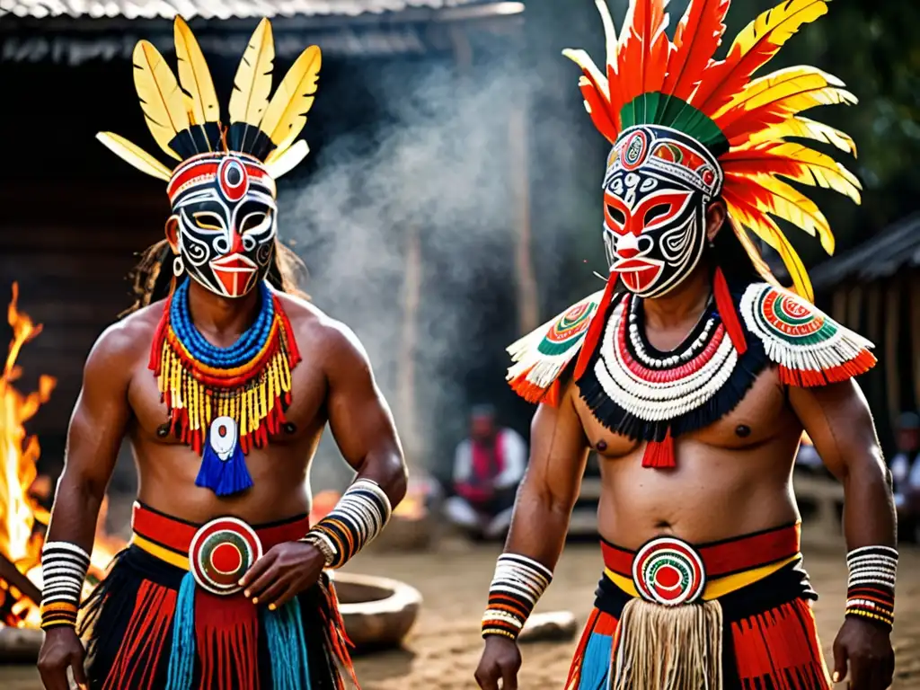 Una ceremonia indígena con vibrantes trajes y máscaras de animales, alrededor de una fogata