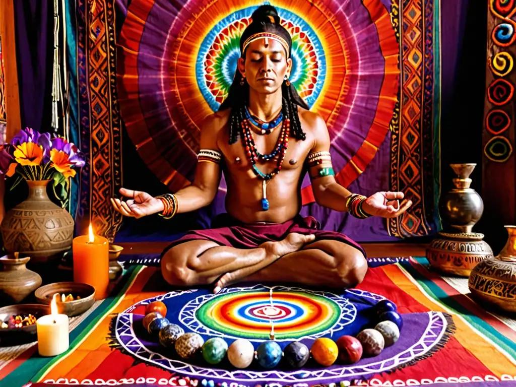 Un chamán realiza una ceremonia de sanación a través de chakras con cristales, incienso y telas coloridas en un ambiente espiritual y auténtico