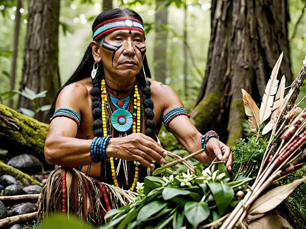 Un chamán nativo americano concentra sus energías en la naturaleza, invocando espíritus en un escenario arbolado