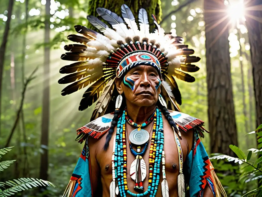 Un chamán nativo americano invoca espíritus de la naturaleza en un bosque exuberante