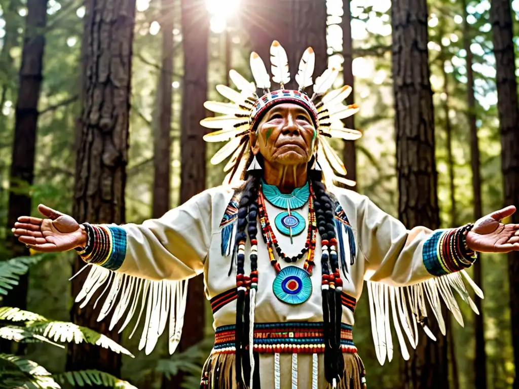 Un chamán nativo americano en comunión con los espíritus de la naturaleza en un exuberante bosque