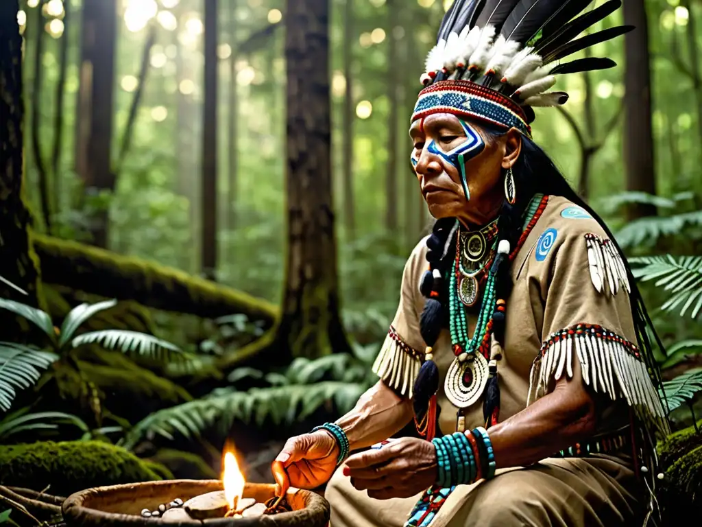 Un chamán nativo americano realizando un ritual en un exuberante bosque, en conexión con los espíritus naturaleza chamanismo nativo americano