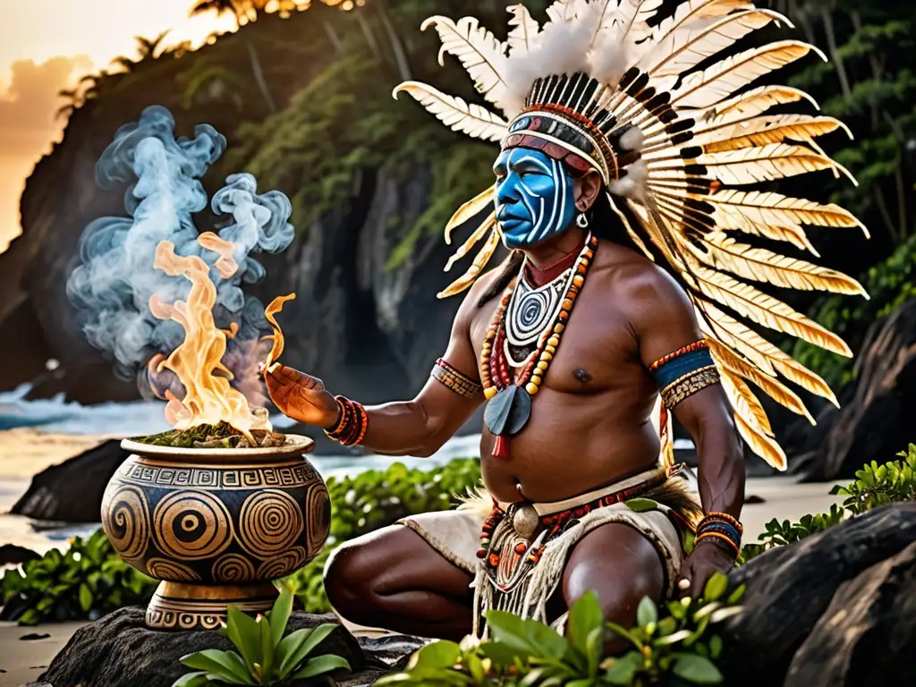 Un chamán oceanico realiza un ritual sagrado al atardecer en una isla remota