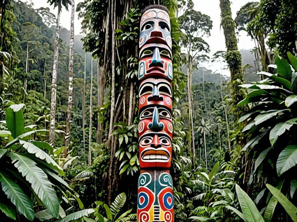 Chamanes realizando un ritual alrededor de un totem de madera tallado en el remoto bosque de Papua Nueva Guinea, evocando la espiritualidad de Oceanía