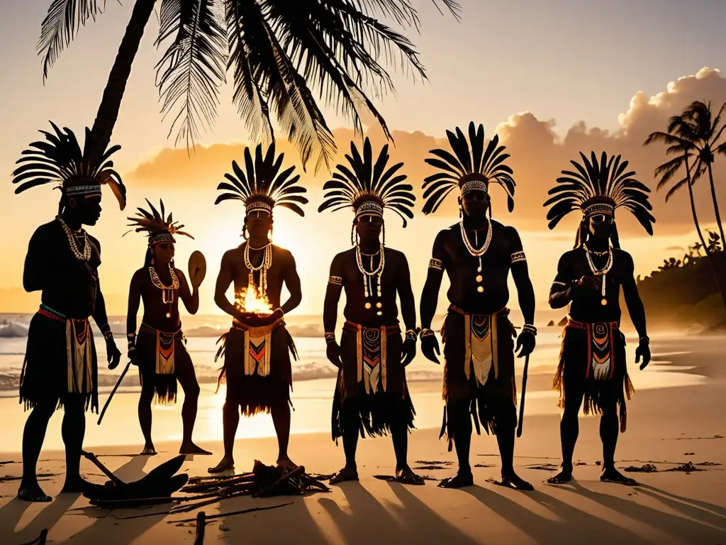 Chamanes y rituales de Oceanía: ceremonia mística al atardecer en una remota playa, con antorchas, trajes tradicionales y un fuego central