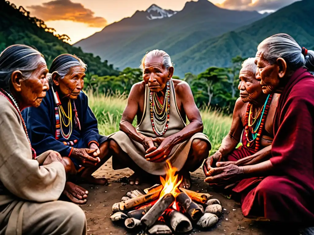 Un círculo de ancianos indígenas comparte sabiduría alrededor del fuego, en un entorno natural de montañas y vegetación exuberante