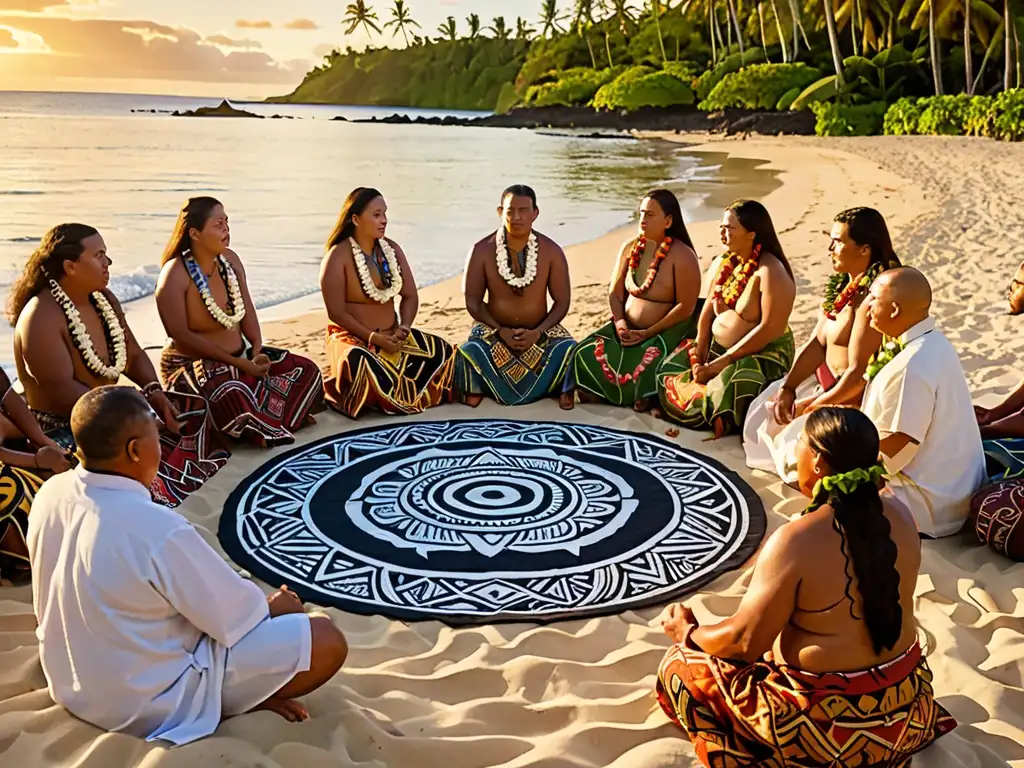 Rituales Polinesios: Chant sagrado en la playa al atardecer Un círculo de personas en tapa con patrones vibrantes recita poemas sagrados tradición Polinesia en una playa tropical al atardecer