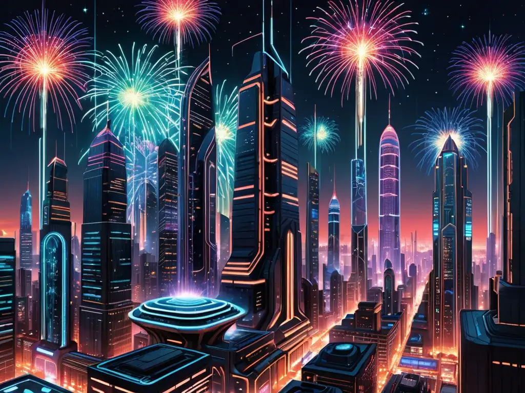 Una ciudad futurista de noche, con rascacielos iluminados por luces neón y fuegos artificiales, fusionando mitología y tecnología