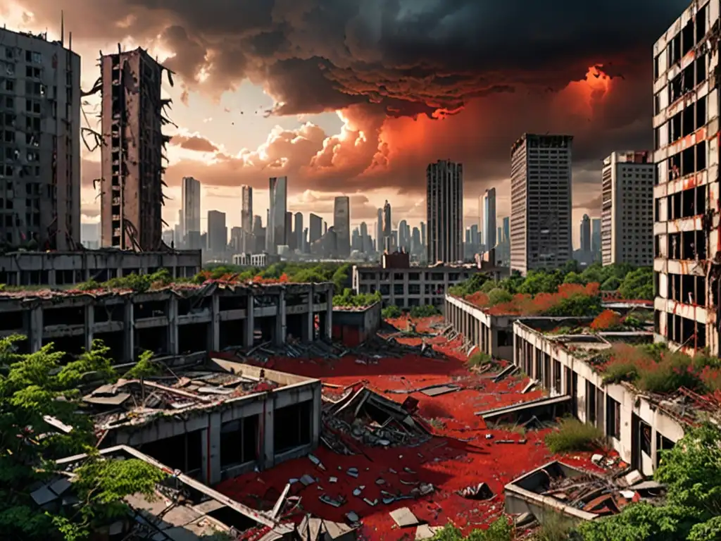 La ciudad postapocalíptica con rascacielos en ruinas y vegetación sobresaliente, bajo un cielo ominoso