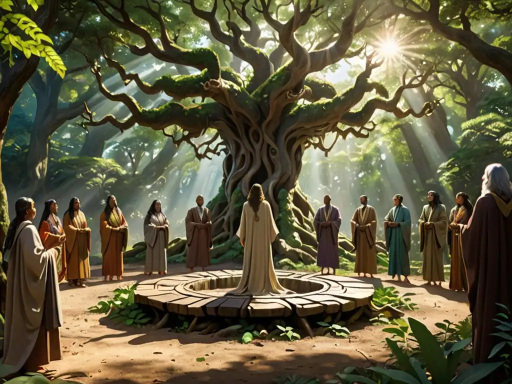 Reverencia en el bosque: conexión con la naturaleza Un claro en el exuberante bosque, con figuras en túnicas terrosas realizando rituales paganos, conectados con la naturaleza