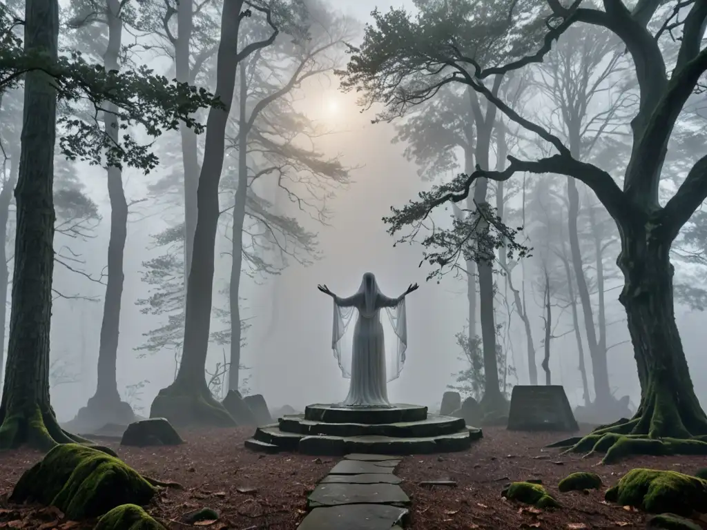 Un claro de bosque neblinoso iluminado por la luna con un antiguo altar de piedra