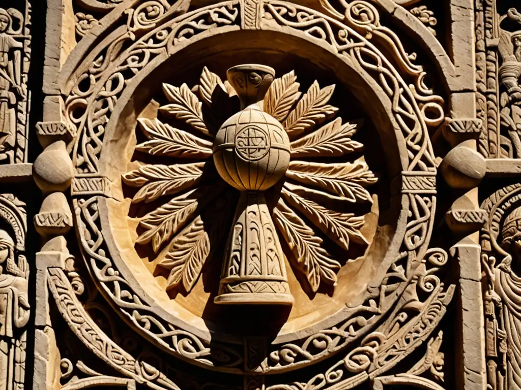 Closeup de tallado en piedra del Santo Grial bañado en luz dorada, evocando misterio y sabiduría ancestral