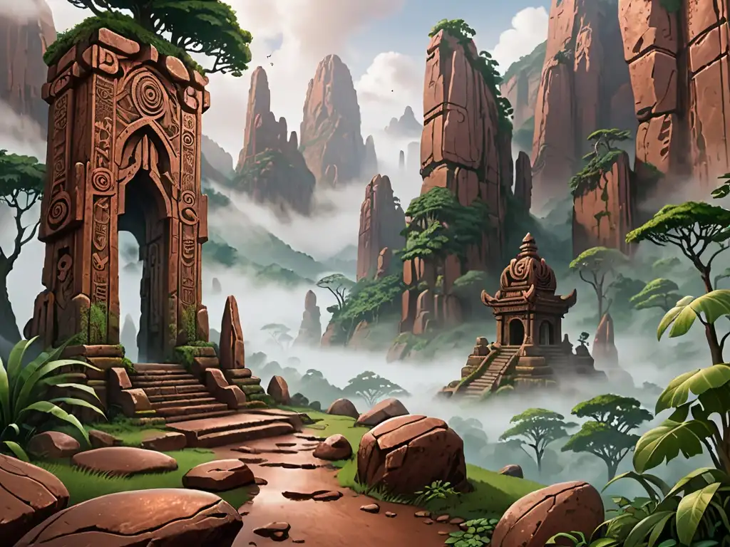 Valle del Cobre: Misterio y Leyenda en Imagen Detallada Valle Cobre envuelto en niebla, con formaciones rocosas antiguas y una misteriosa atmósfera de leyenda y maldición del tesoro