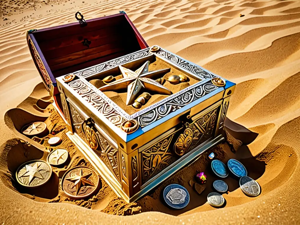 Un cofre de tesoro dorado semienterrado en la arena, rodeado de monedas y joyas brillantes, mientras arqueólogos excavan con cuidado