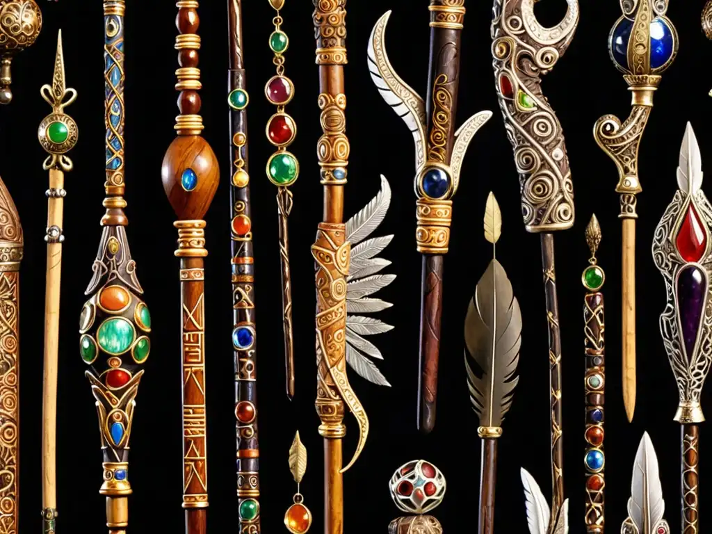 Una colección de varitas mágicas de diversas culturas exhibidas sobre un fondo de terciopelo oscuro