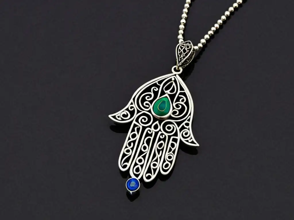 Un colgante de plata con forma de Mano de Fátima, con filigranas y gemas, exquisito y lleno de significado cultural y simbolismo protector
