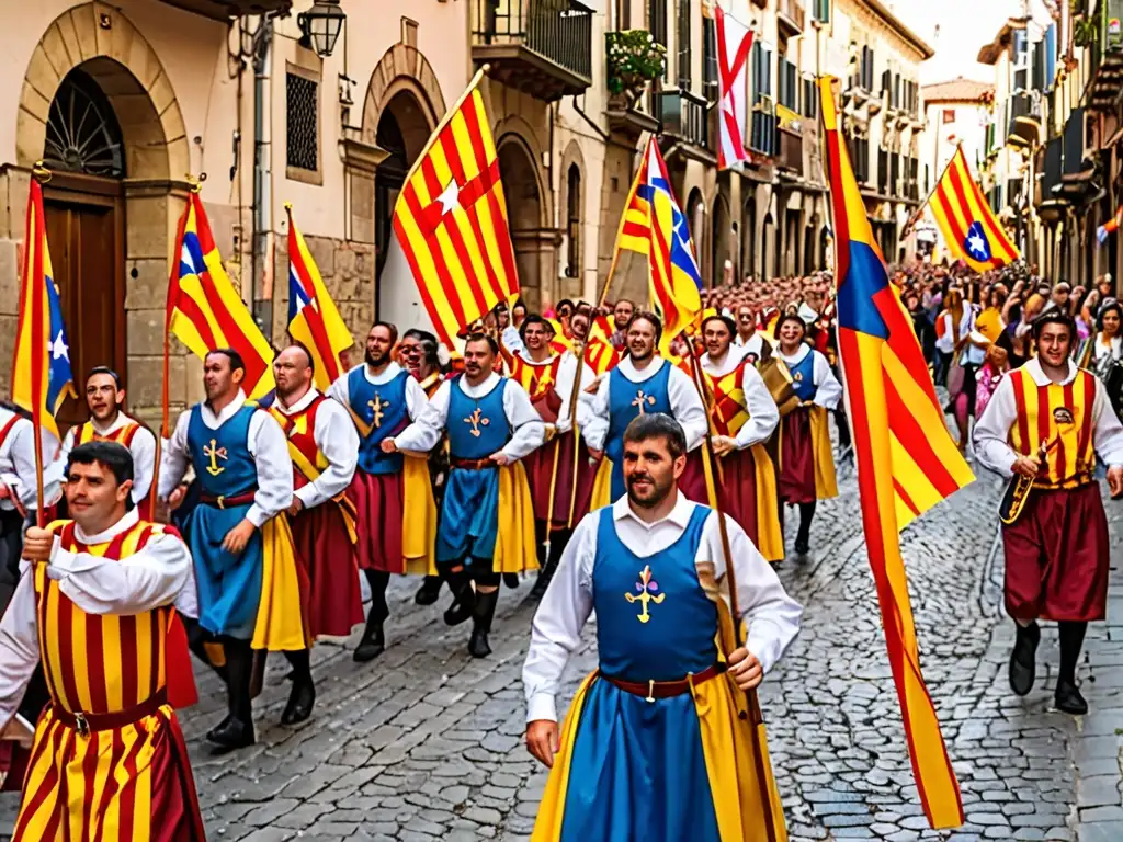 Colorida festividad de San Jorge en Cataluña, con desfile medieval y banderas en las calles históricas
