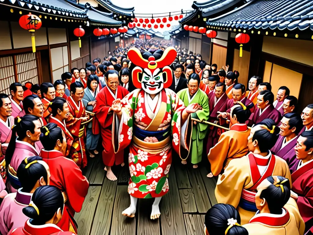 Colorido ritual del Setsubun japonés con kimono y máscara Nogitsune, capturando el misterio y la tradición cultural japonesa