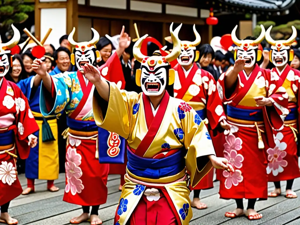 Coloridos kimonos y máscaras de demonios en el ritual de Setsubun en Japón, evocando el misterio del Nogitsune en una atmósfera ancestral y festiva