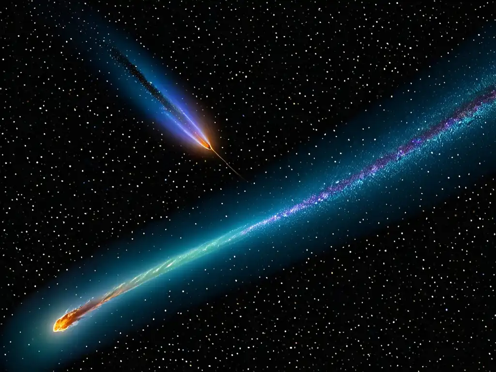 Un cometa brillante y colorido atraviesa el cielo nocturno, mostrando la belleza cósmica y los efectos de los cometas en mitología