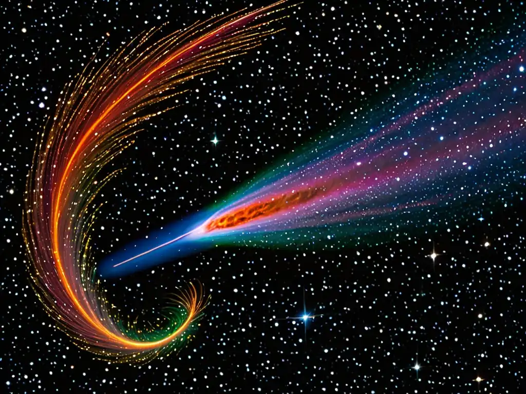 Un cometa multicolor deja un rastro brillante en el cielo nocturno, mostrando los efectos de los cometas en mitología