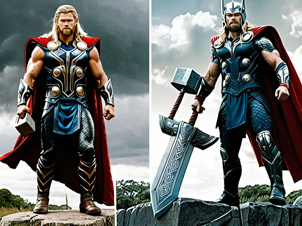 Comparativa entre Thor de Marvel y mitología nórdica: contraste detallado de vestimenta, armas y apariencia, mostrando evolución del personaje