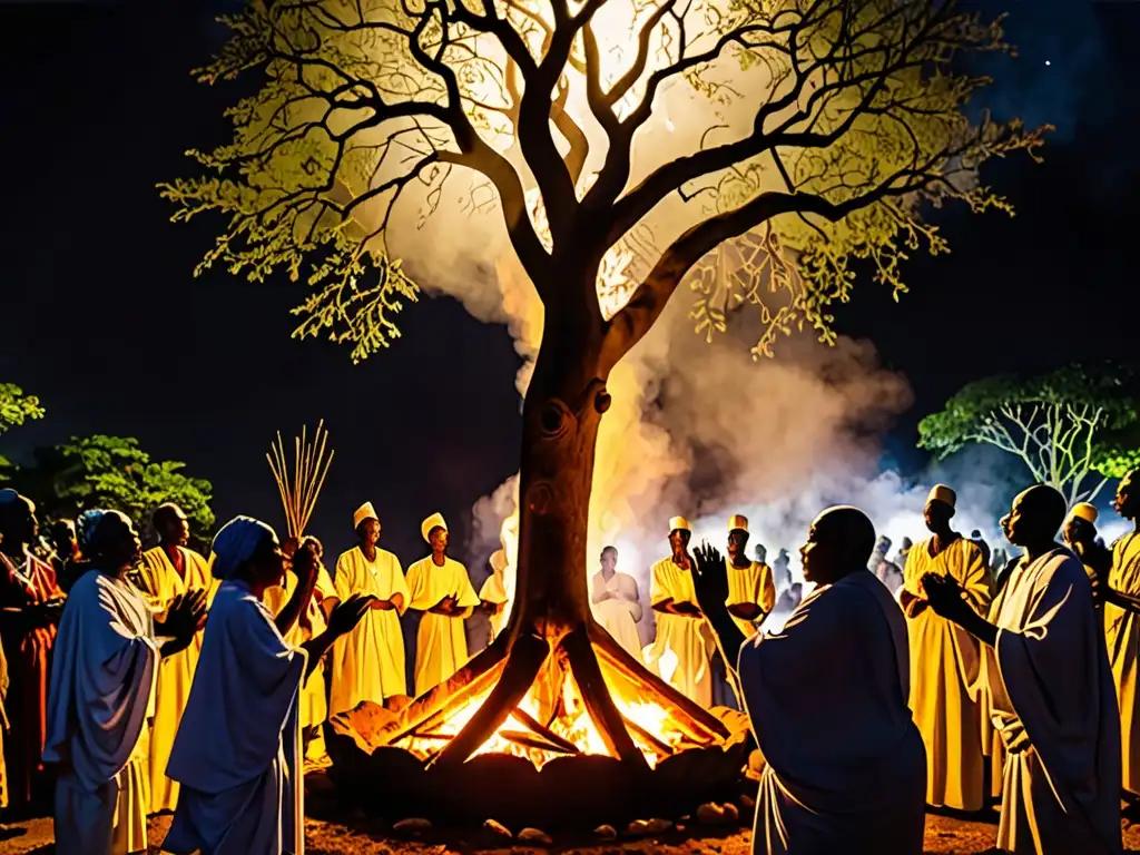Conexiones místicas en ceremonia religiosa yoruba alrededor de la hoguera