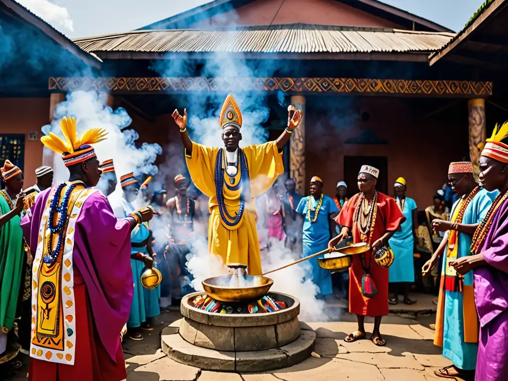 Conexiones místicas en el panteón yoruba: Ritual vibrante con adoradores, ofrendas y símbolos coloridos en un santuario sagrado