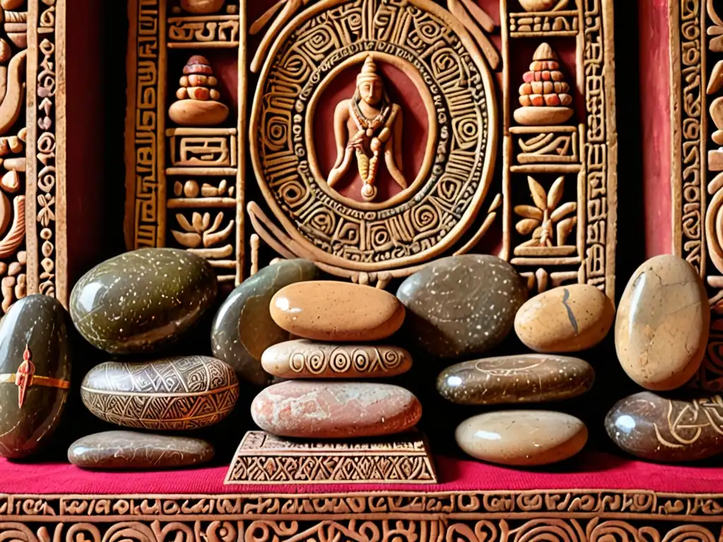 Un conjunto de Sankara Stones en un altar decorado, bañados en luz natural, exudando energía divina y misticismo