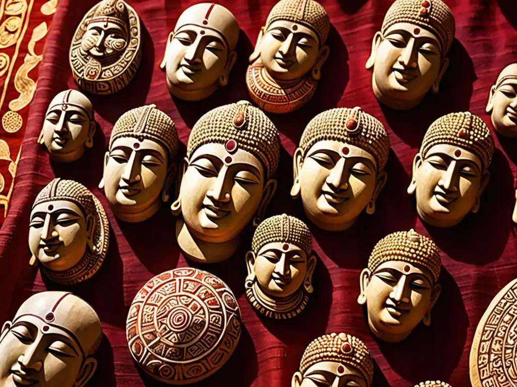 Un conjunto de Sankara Stones talladas con intrincados diseños, iluminadas por el sol en un templo