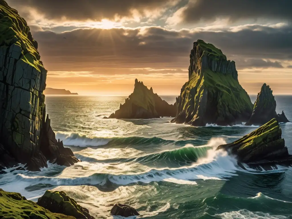 Costa escarpada iluminada por el suave atardecer dorado