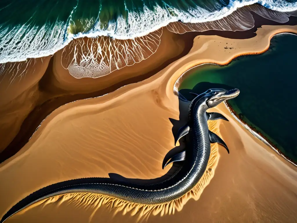 Costa namibia con serpiente marina mito realidad en el agua, bajo el sol africano dorado