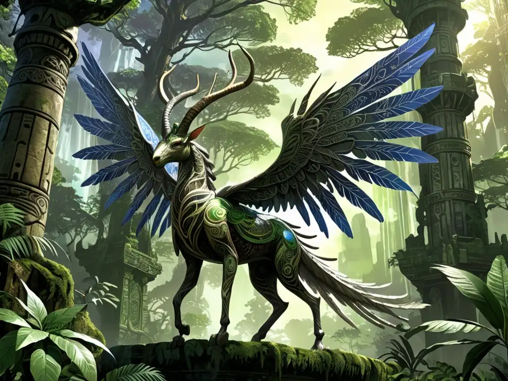Una criatura mítica con alas iridiscentes en un bosque místico, exudando exploración, mitos, leyendas y folklore del mundo de Lost Odyssey