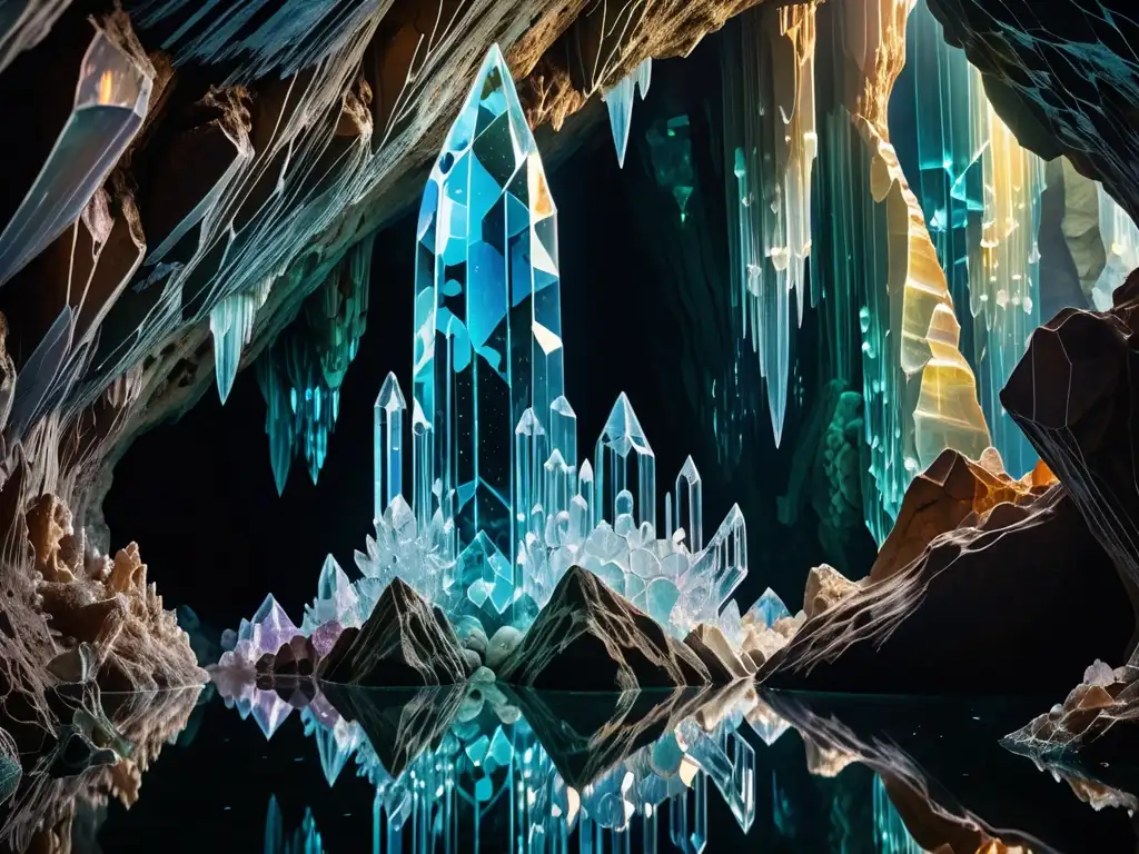 Cristales de Atlántida: formación de cristal detallada rodeada de formaciones rocosas antiguas, iluminada por un resplandor iridiscente