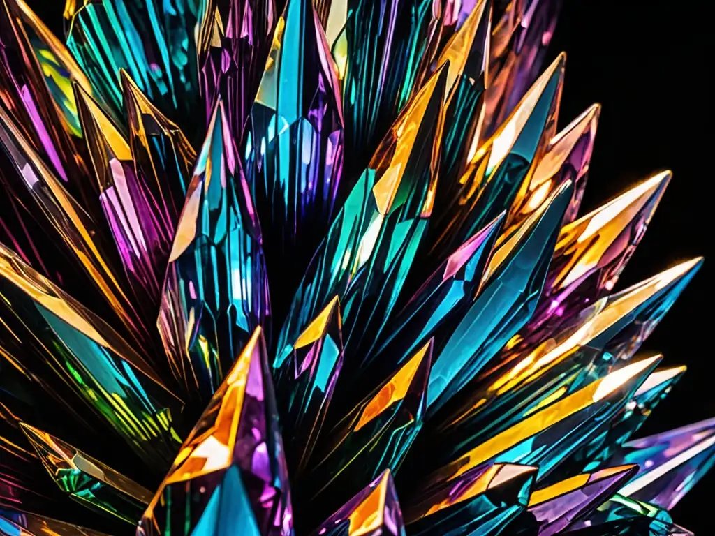 Cristales de Atlántida tecnología energía: una impresionante formación de cristal con patrones geométricos e iridiscencia, enigmática y cautivadora