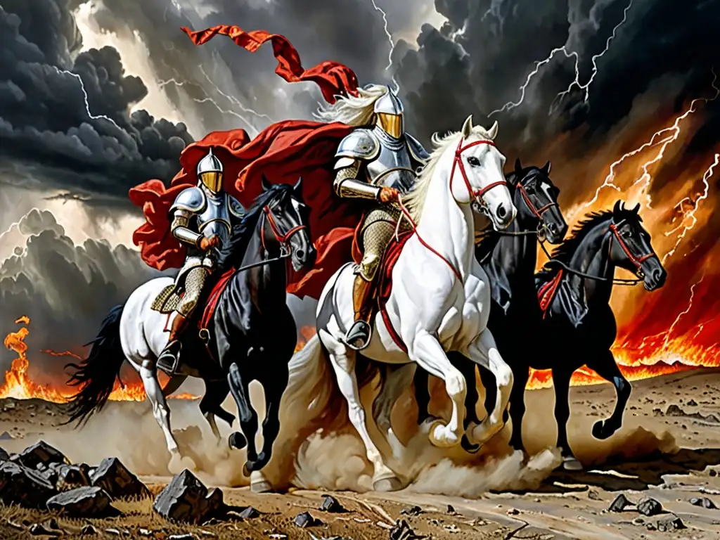 Cuadro apocalíptico de los Cuatro Jinetes cabalgando en un paisaje desolado, simbolismo apocalíptico en mitos