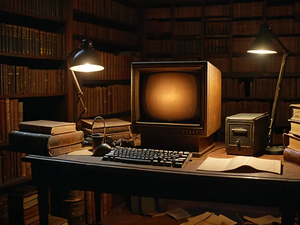 Un cuarto sombrío con una computadora vintage iluminada, rodeada de libros y papeles polvorientos
